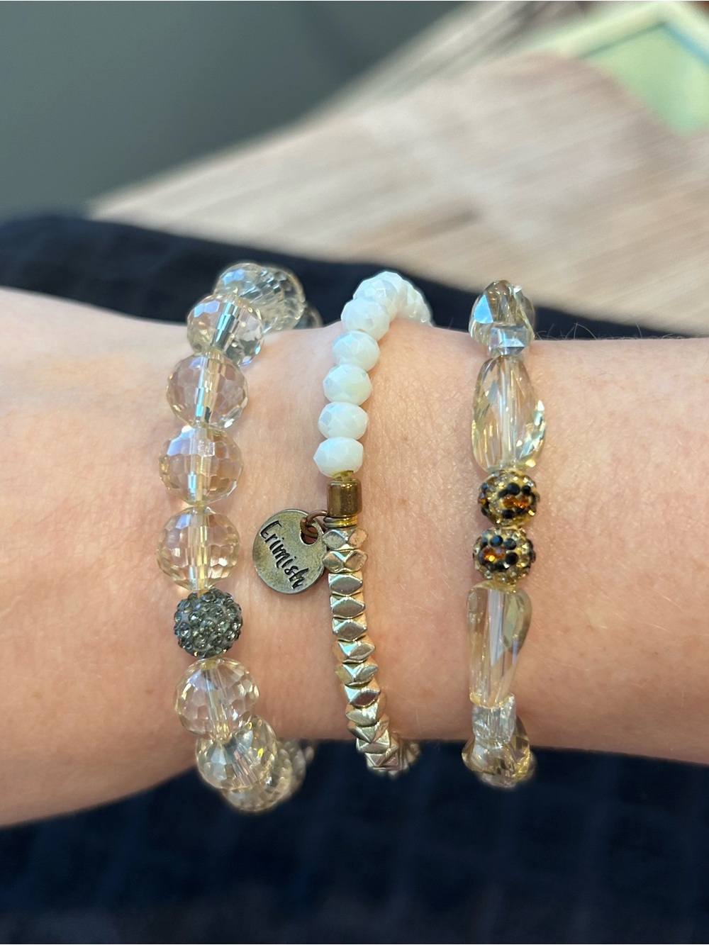 Erimish Brand Stack Of 3 Stretchy Gold Tone & White Bracelets With Hangtag